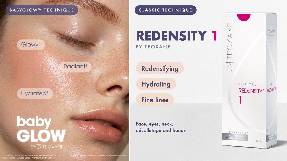 Teoxane babyGLOW technique beside Teosyal Puresense Redensity 1: the same product, two techniques. NassifMD Medical Spa, Manchester